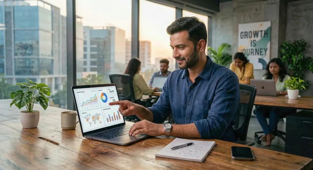 Business owner reviewing a newly launched website and its performance Business owner reviewing a newly launched website and its performance